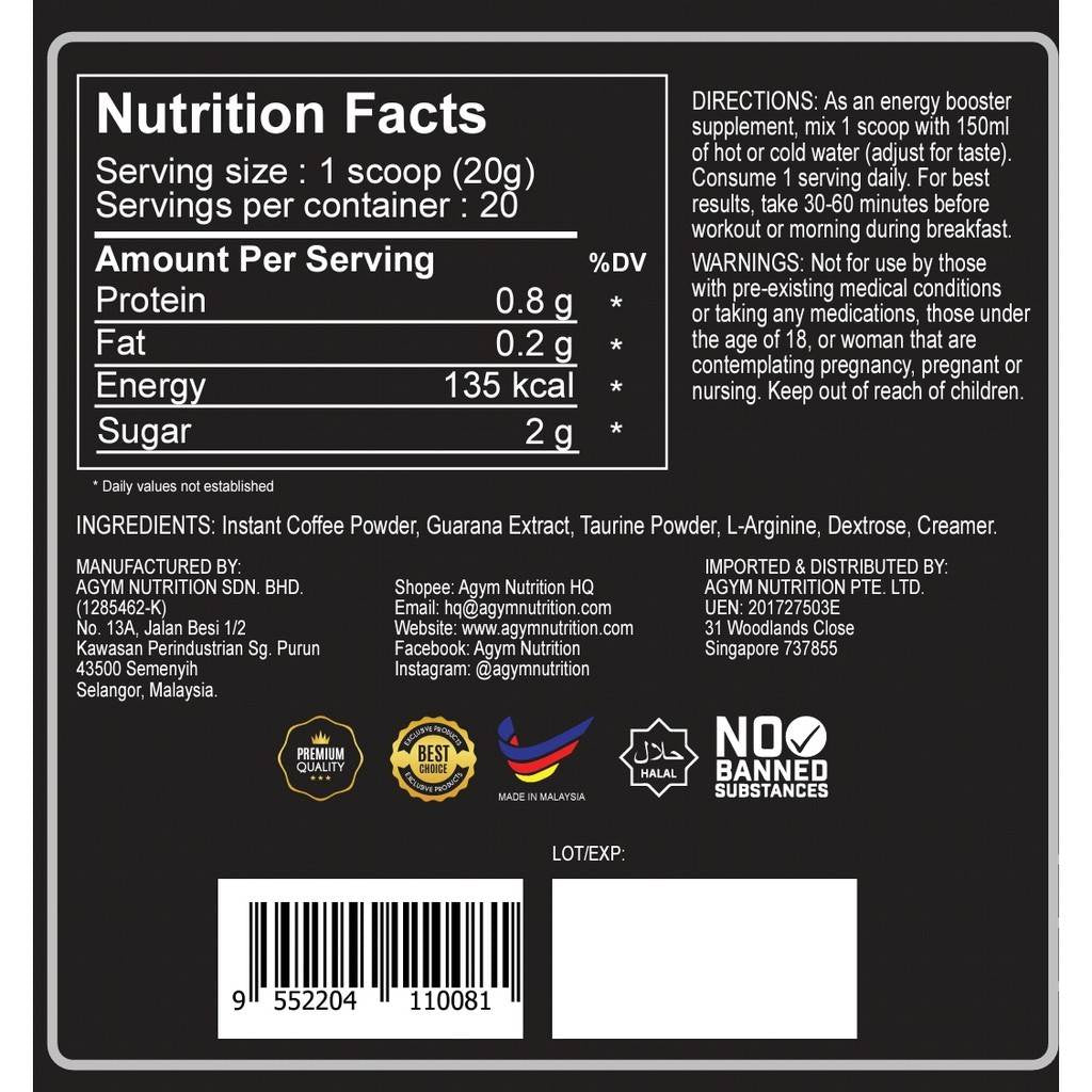 [AGYM NUTRITION] Black Energy Ener-gyz Sports Pre Workout Strength Performance Coffee Halal