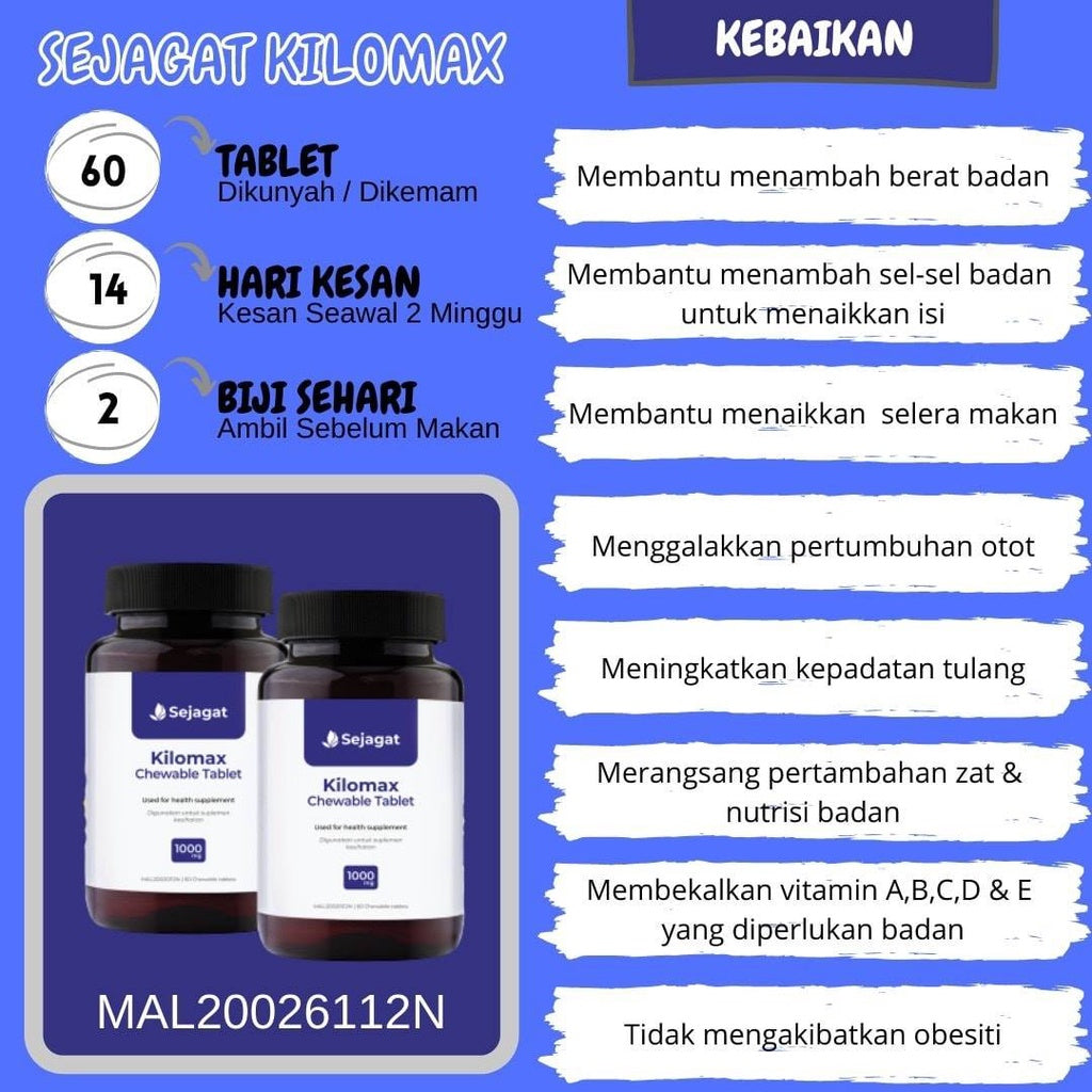 [SEJAGAT GLOBAL] KILOMAX Kilo Max Tambah Berat Badan Weight Gain Chewable 60 Tablet Naik Selera Makan