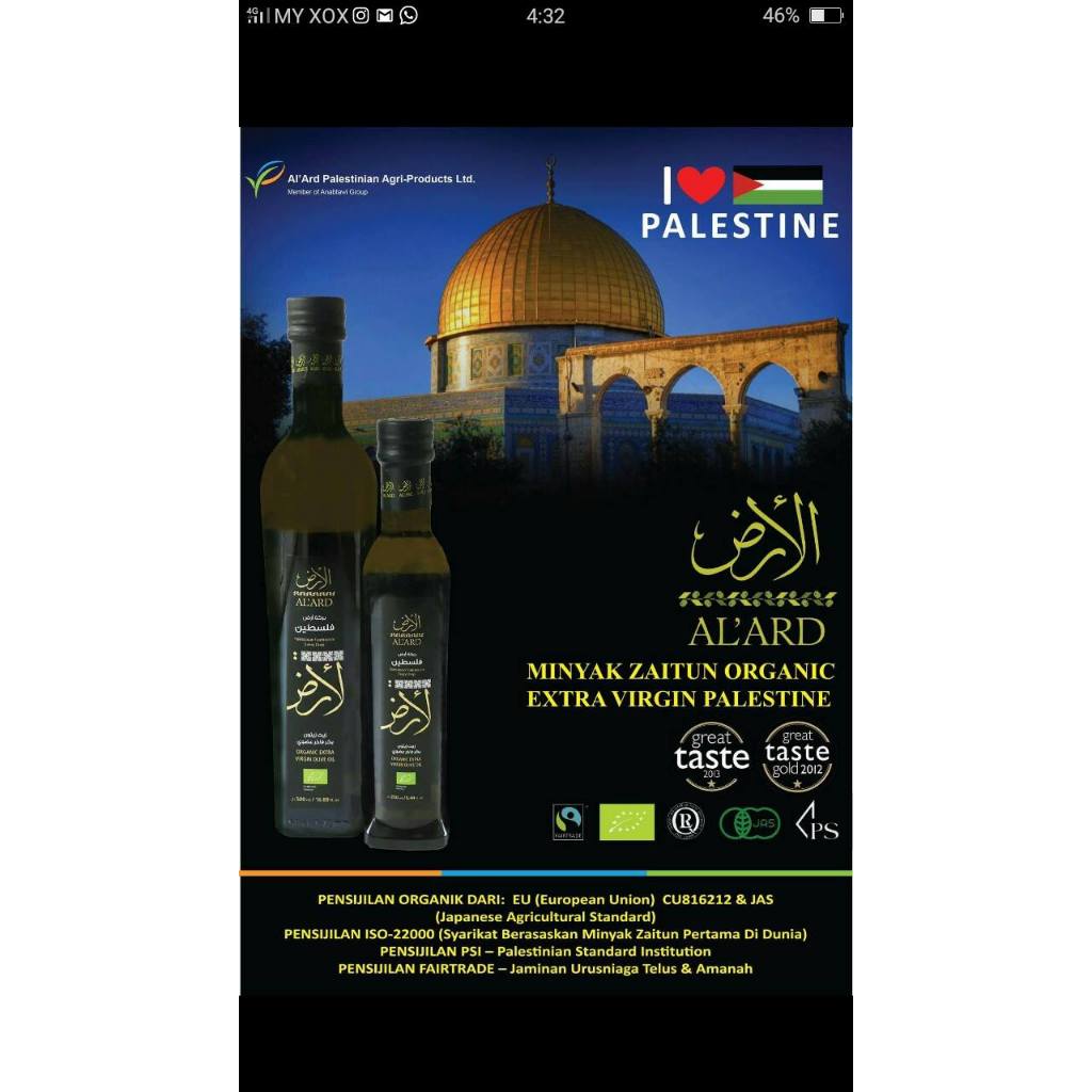 [ALARD] AL 'ARD Palestinian Organic Premium Extra Virgin Olive Oil Minyak Zaitun tulen asli 1000thn