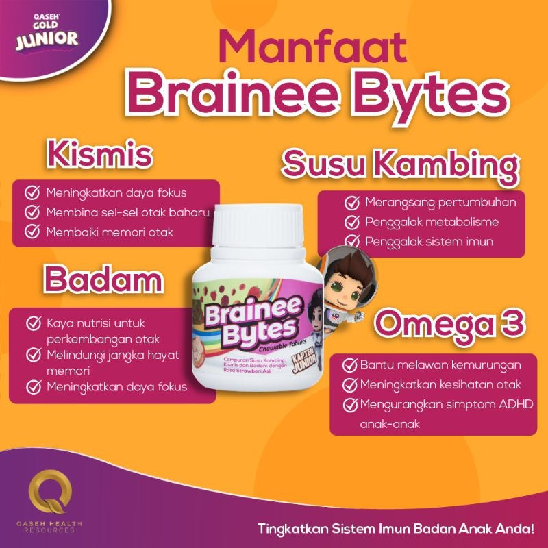 [QASEH GOLD] JUNIOR BRAINEE BYTES | TABLET MINDA | IQ BOOSTER | KURANG SELERA MAKAN | FOKUS