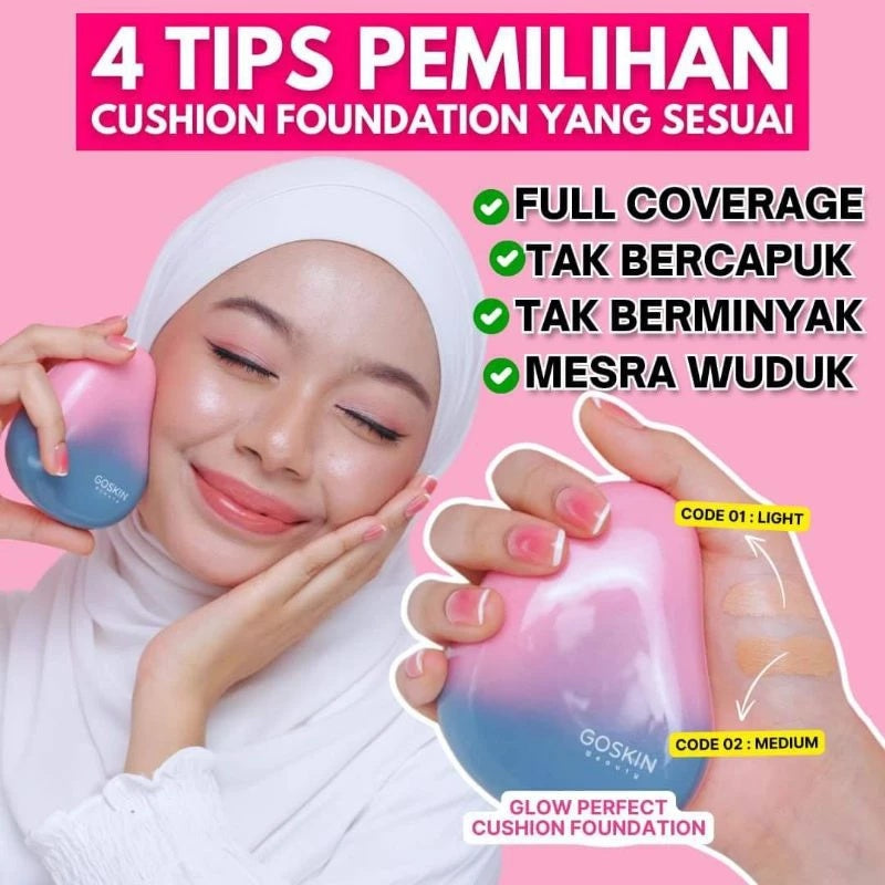 [GOSKIN BEAUTY] CUSHION FOUNDATION Glow Perfect Set with sunscreen Full Coverage 15g mesra wuduk