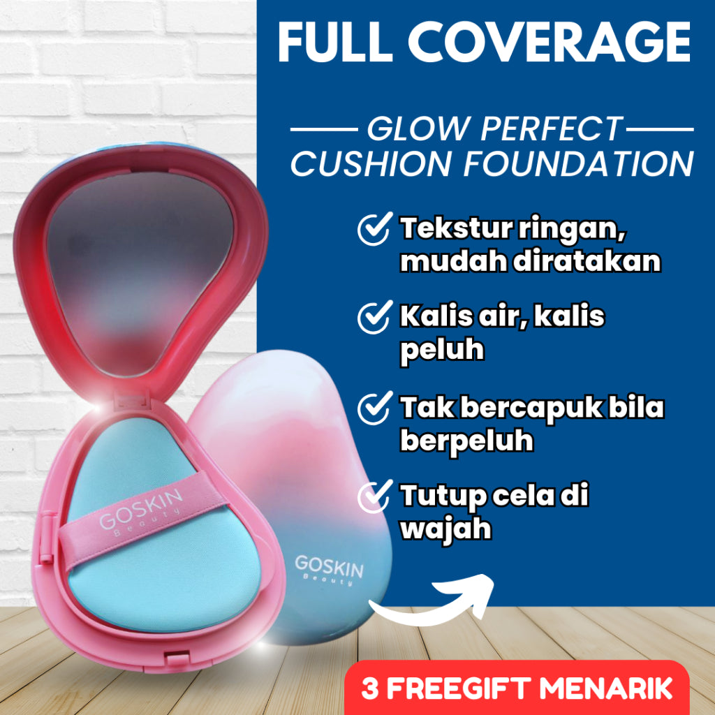 [GOSKIN BEAUTY] CUSHION FOUNDATION Glow Perfect Set with sunscreen Full Coverage 15g mesra wuduk