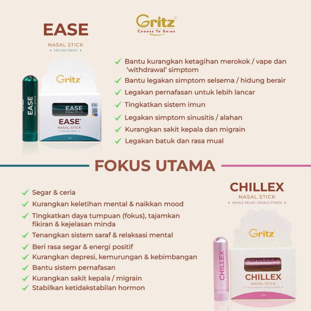 [GRITZ] EASE - Nasal Stick Essential Oil Aromatherapy Inhaler Stop Smoking Henti Rokok Sinus | Chillex