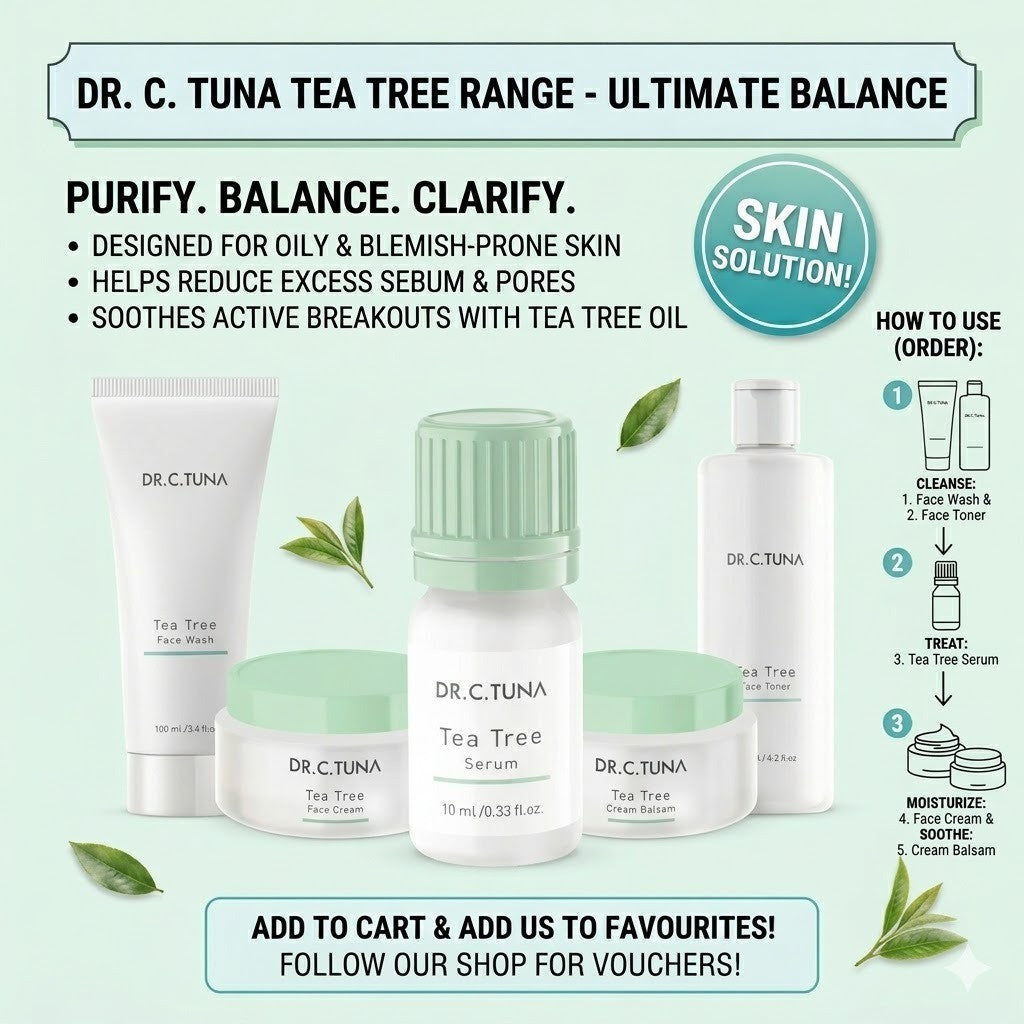 DR. C. TUNA Tea Tree Skin Care Set - Face Wash / Toner / Serum / Face Cream / Cream Balsam (Oily & Blemish-Prone Skin)