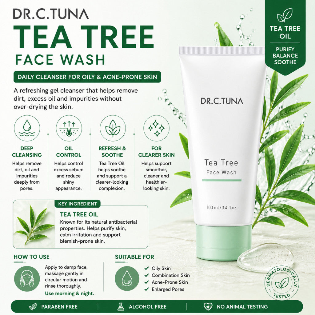 DR. C. TUNA Tea Tree Skin Care Set - Face Wash / Toner / Serum / Face Cream / Cream Balsam (Oily & Blemish-Prone Skin)