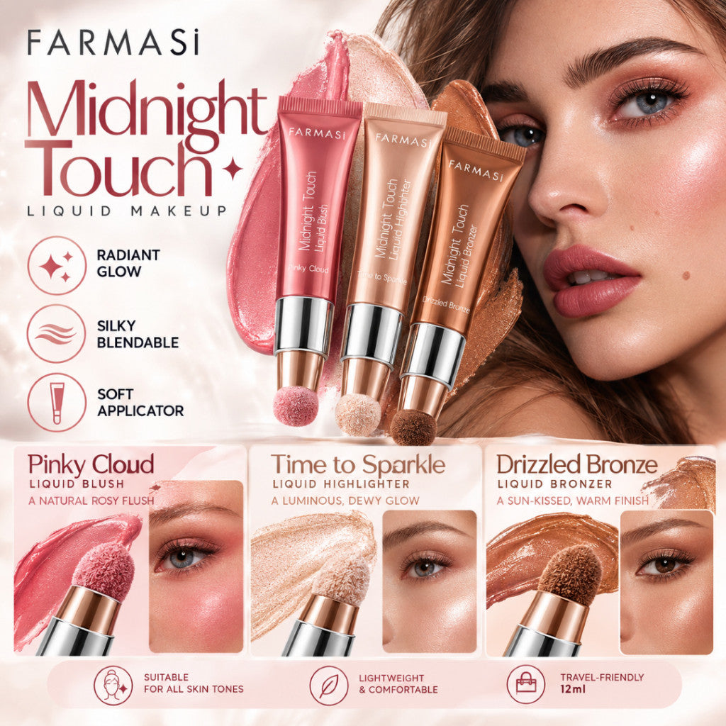 FARMASI Midnight Touch Liquid Blush, Highlighter Pinky Cloud, Time to Sparkle, Drizzled Bronze