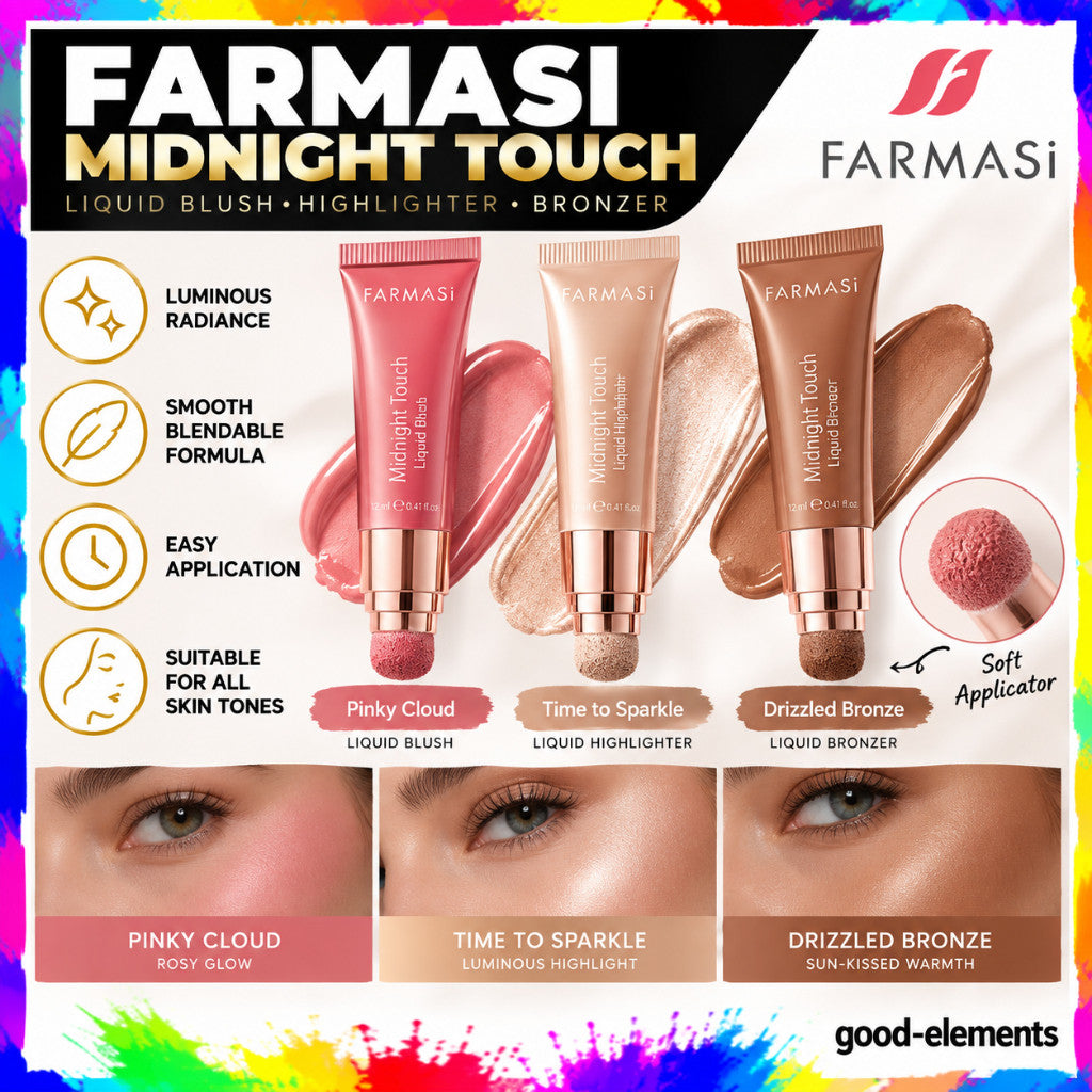 FARMASI Midnight Touch Liquid Blush, Highlighter Pinky Cloud, Time to Sparkle, Drizzled Bronze