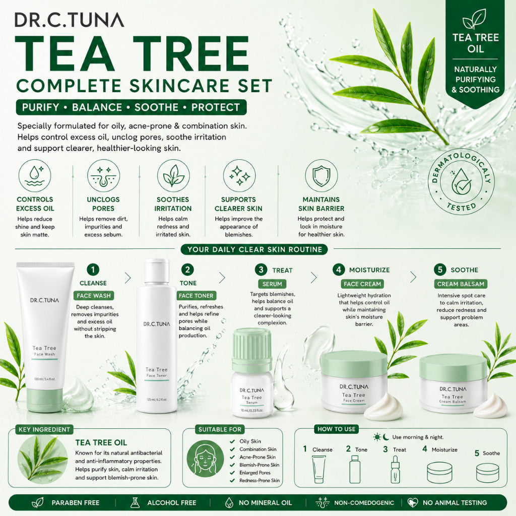 DR. C. TUNA Tea Tree Skin Care Set - Face Wash / Toner / Serum / Face Cream / Cream Balsam (Oily & Blemish-Prone Skin)