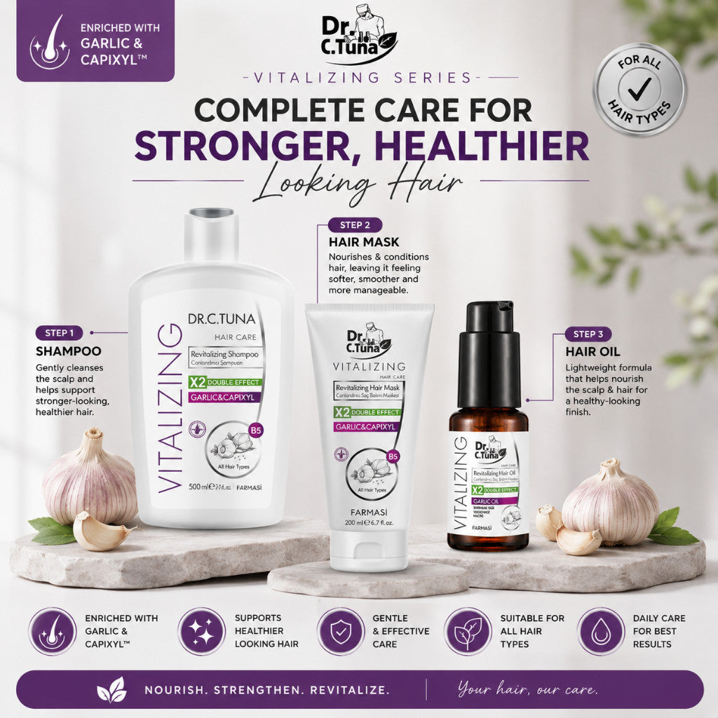 Farmasi Dr. C. Tuna Vitalizing Hair Care Set | Garlic & Capixyl Shampoo + Hair Mask + Hair Oil