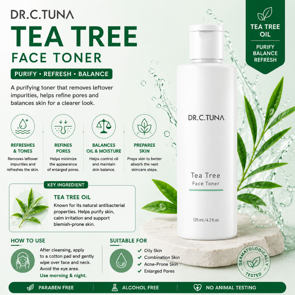 DR. C. TUNA Tea Tree Skin Care Set - Face Wash / Toner / Serum / Face Cream / Cream Balsam (Oily & Blemish-Prone Skin)