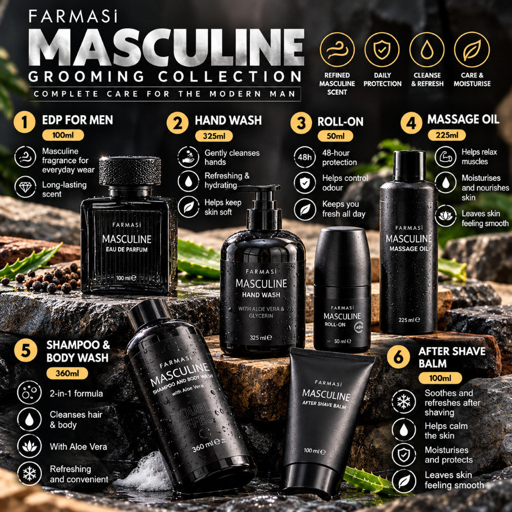 FARMASI Masculine Complete Care for Men Men's Grooming Set Eau De Parfum Hand Wash Body Wash After Shave Balm