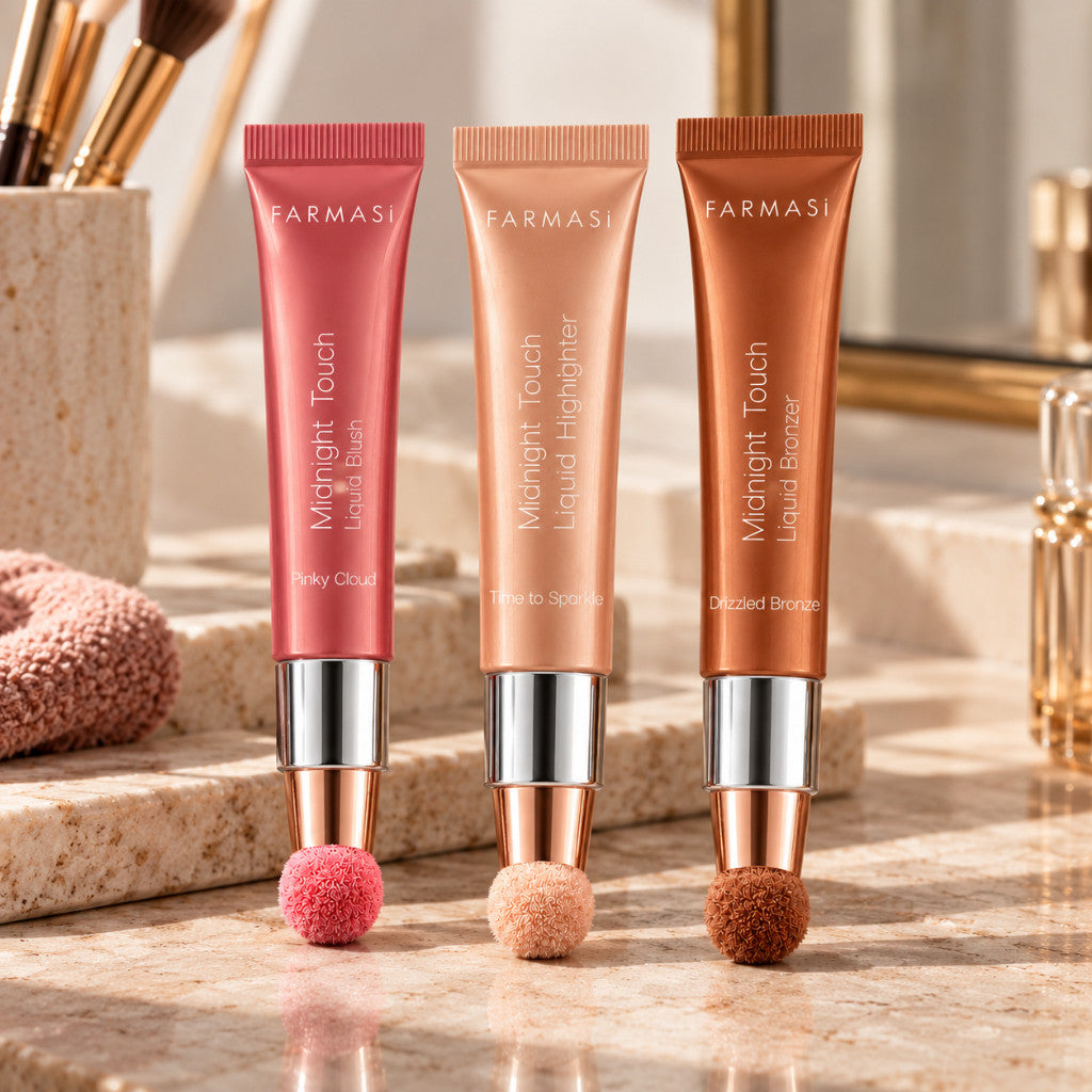 FARMASI Midnight Touch Liquid Blush, Highlighter Pinky Cloud, Time to Sparkle, Drizzled Bronze