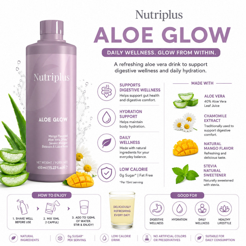 FARMASi Nutriplus Aloe Glow Mango Flavoured Aloe Vera Drink 450ml | Refreshing Aloe Beverage