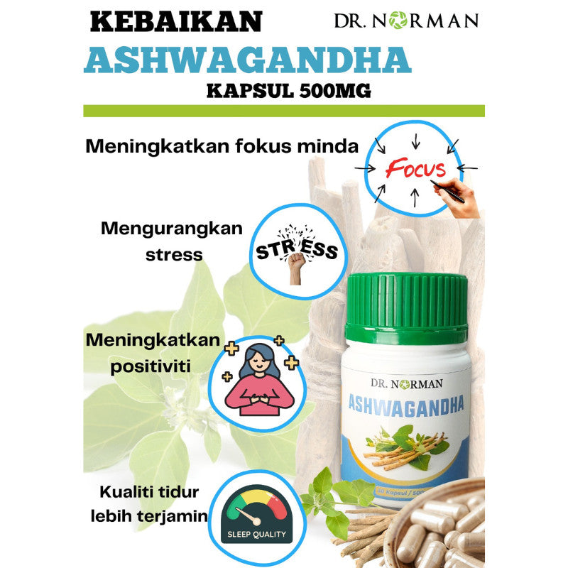 [DR NORMAN] KAPSUL ASHWAGANDHA 500MG - ANTI-STRES, TENANG & FOKUS - ADAPTOGEN HERBA SEMULAJADI