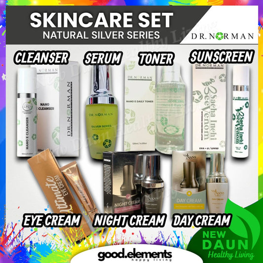 [DR NORMAN] NATURAL SKINCARE SET SILVER SERIES SERUM TONER CLEANSER SUNSCREEN DAY NIGHT EYE CREAM