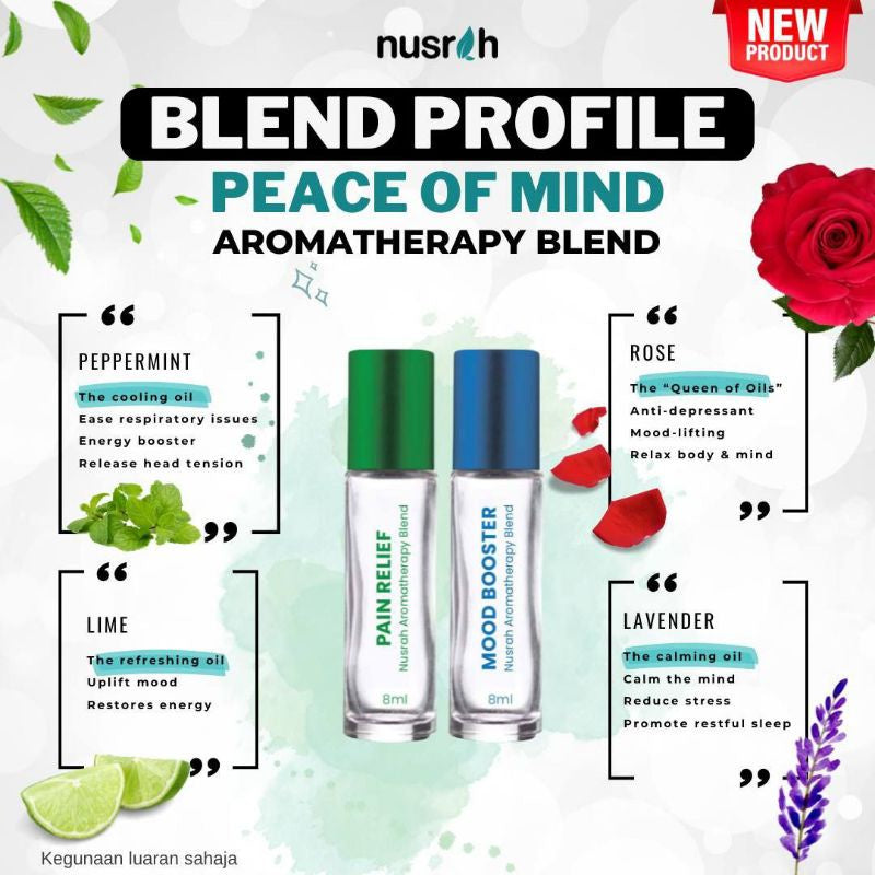 [NUSRAH] PEACE OF MIND Aromatherapy Blend -Pain Release (Peppermint Lime) & Mood Booster Combo (Rose Lavender)