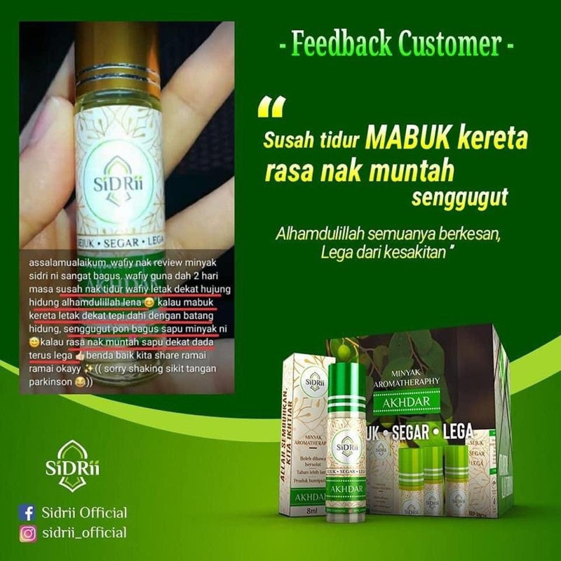 [Wholesale Jimat] SIDRII AKHDAR RUKYAH MINYAK ANGIN / SIDRI Urut Aromaterapi gangguan pening loya