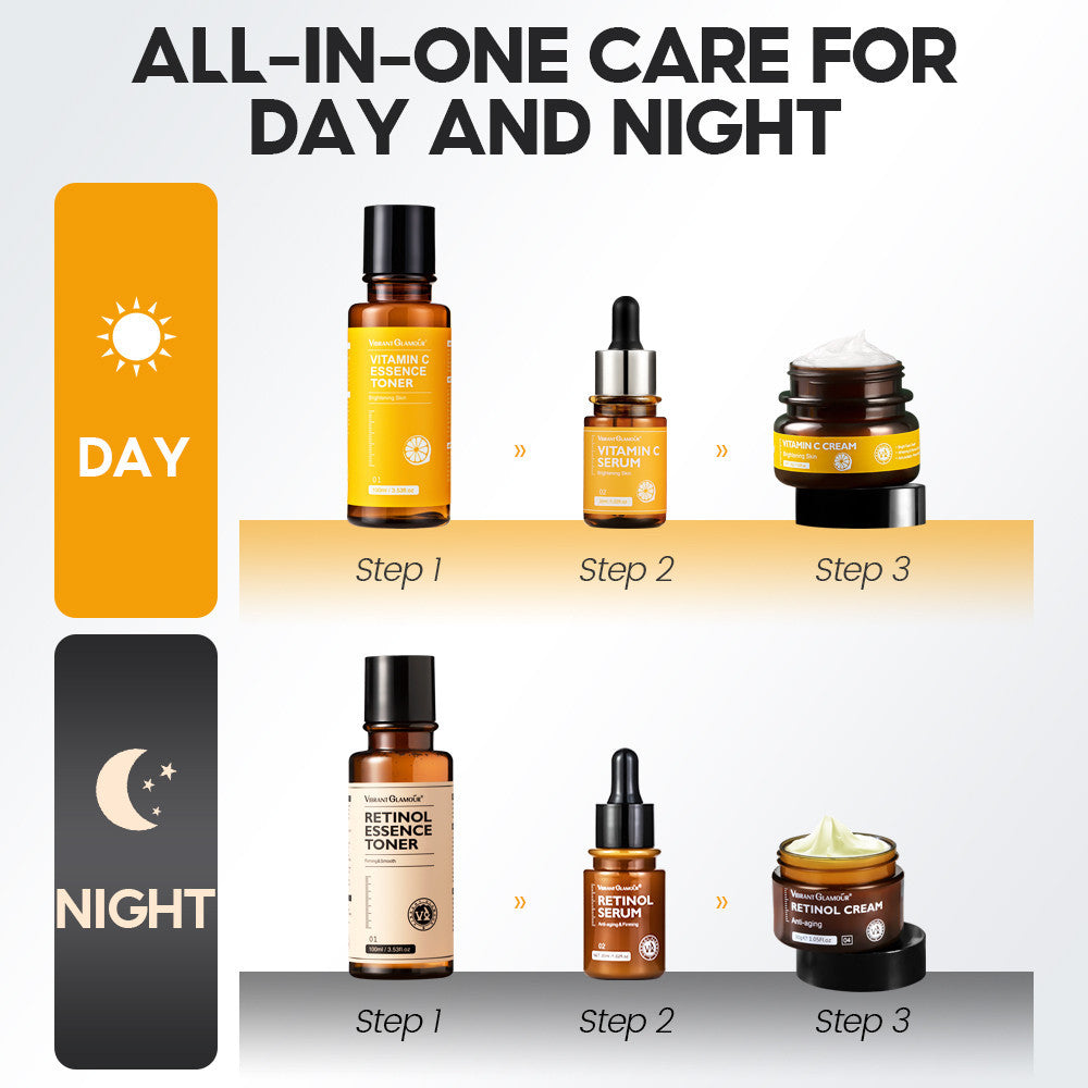 [FULL SET] [VIBRANT GLAMOUR] Retinol Vitamin C Face Cream Serum Essence Toner Set Anti-aging Whitening