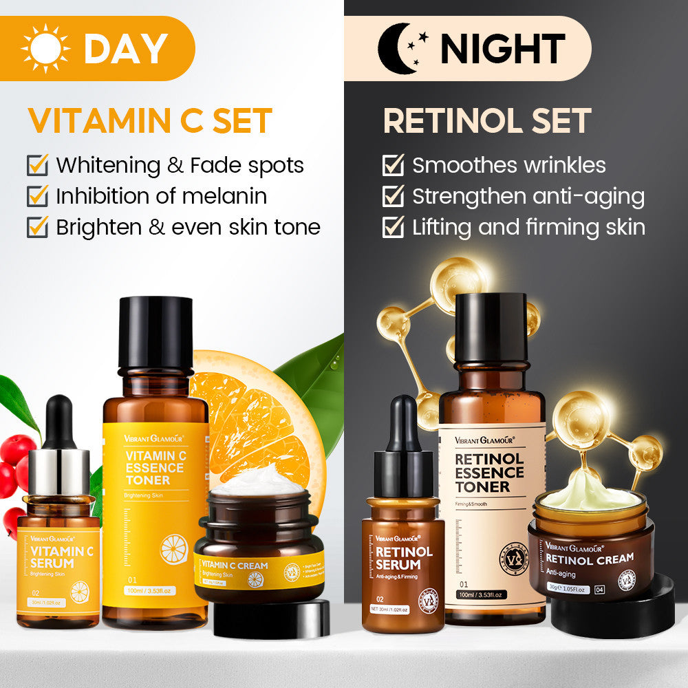 [FULL SET] [VIBRANT GLAMOUR] Retinol Vitamin C Face Cream Serum Essence Toner Set Anti-aging Whitening