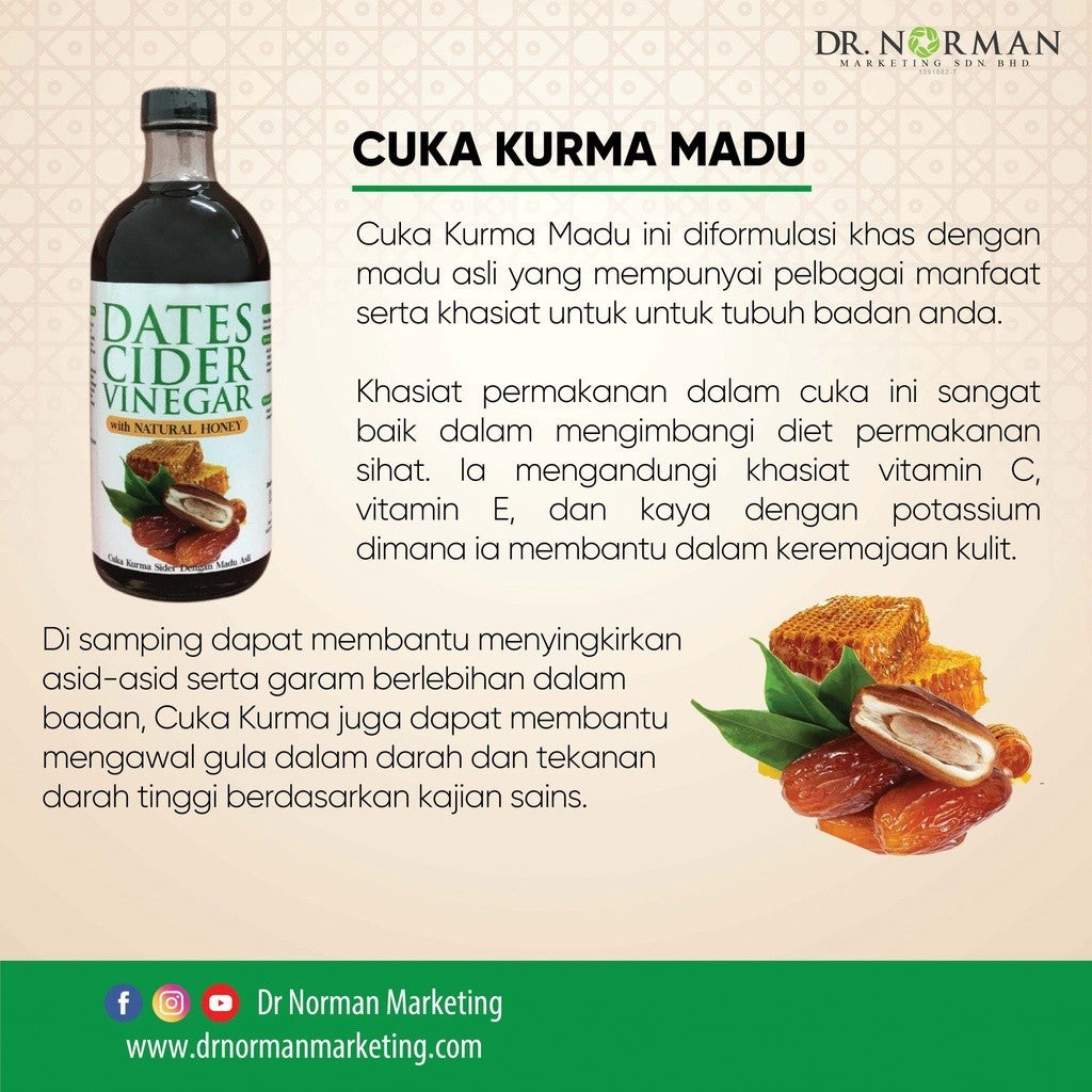 [DR NORMAN] CUKA KURMA MADU (DATES VINEGAR) | CUKA EPAL (APPLE CIDER VINEGAR) WITH NATURAL HONEY