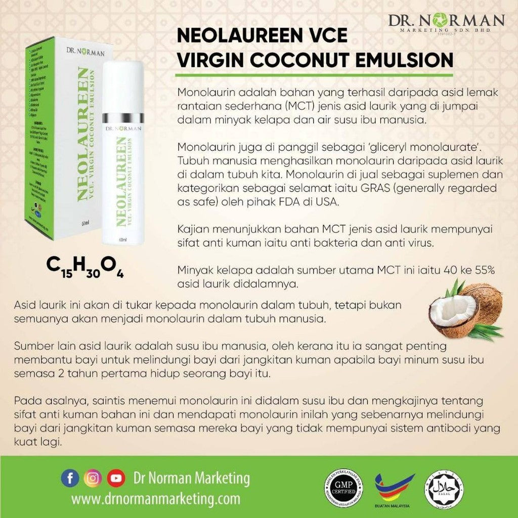[DR NORMAN] NEOLAUREEN/ MONOLAURIN/ VIRGIN COCONUT EMULSION VCE NATURAL ANTIBIOTIC ENERGY BOOSTER 60ml