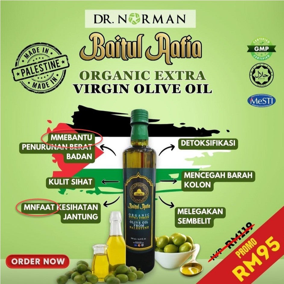 [DR NORMAN] [BAITUL AAFIA] Minyak Zaitun Organik Extra Virgin Olive Oil Original Palestine
